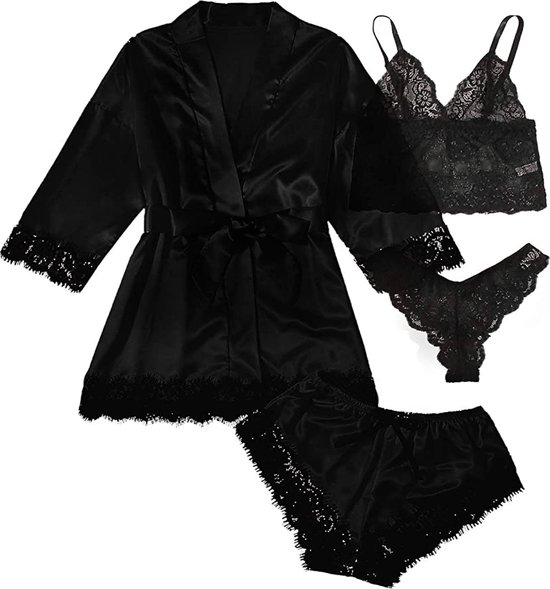 4 pièces - ensemble de nuit noir M - kimono - chemise de nuit - peignoir -  robe de... | bol