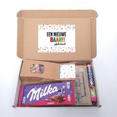 Nieuwe emploi - cadeau boîte aux lettres - Félicitations pour un nouvel emploi - Chocolat confettis Milka - Popcorn - Mentos - Tum Tum - Cadeau
