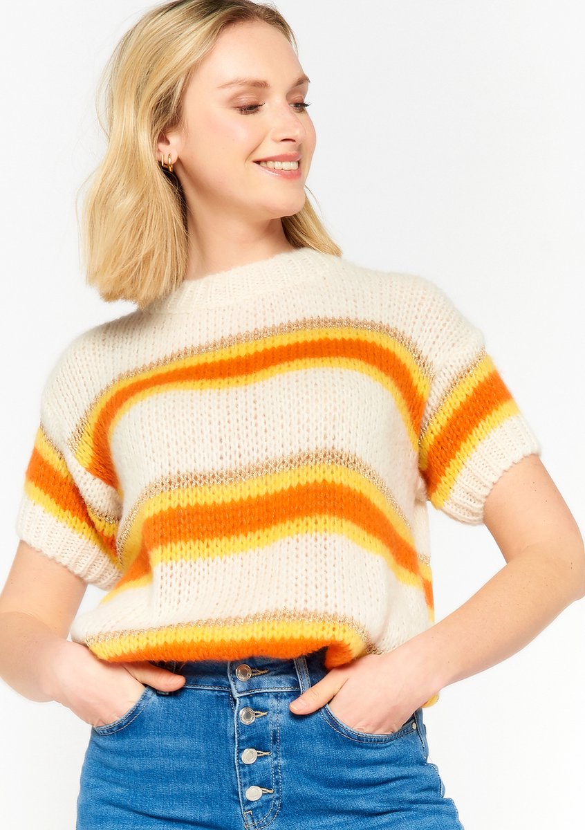 Runcati Dames gebreide trui met korte mouwen casual ronde hals pofmouwen elegant effen sweatshirt trui, wit, XL