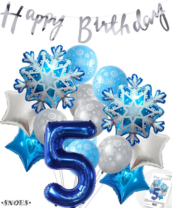 Cijferballon 5 Blauw - Frozen - Ijssterren - Ballonnen Megapakket - Slinger Feestvieren - Verjaardag Snoes