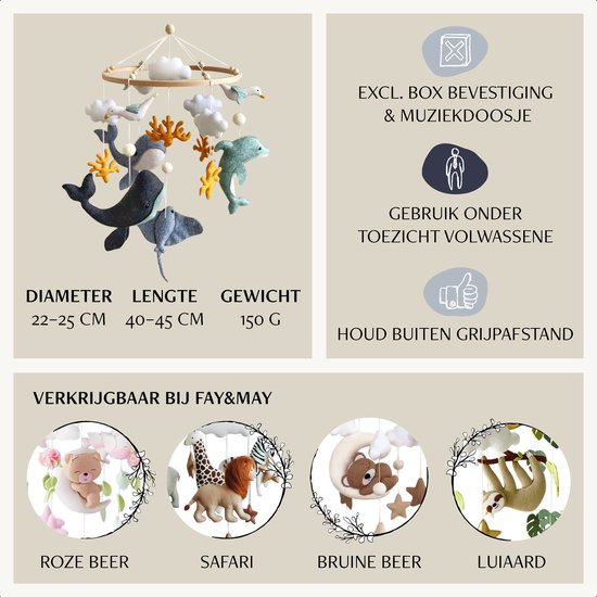 Overzicht van Fay&amp;May babymobiel: diameter 22-25 cm, lengte 40-45 cm, gewicht 150 g. Exclusief box bevestiging & muziekdoosje.