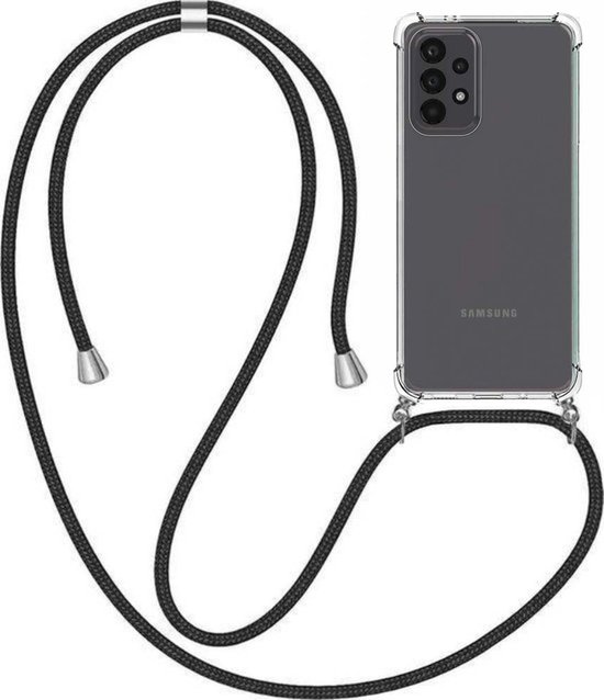 Transparante Samsung A23 5G hoes met zwart koord en zilveren uiteinden.
