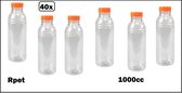 40x Flesje helder 1000cc met oranje dop- vernieuwd - gerecycled PET drinken jus sinas cola sappen dranken