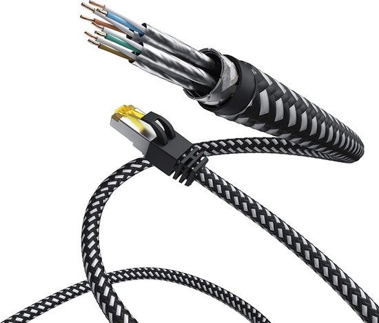 Cat 7 | F/ FTP | Câble réseau | Cordon de brassage | Blindé | Gaine tressée en nylon | 10 Gbit / s | 2 mètres | Noir | Allteq