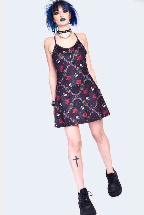 Jawbreaker - Skull And Roses Print Korte jurk - M - Zwart