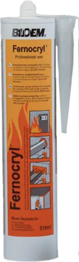 Tube witte acrylaatkit met een oranje en geel label met brandende vlammen, vuur en een oven erop.
