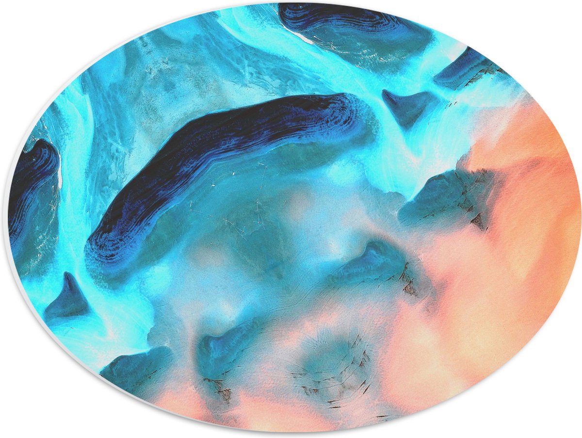 PVC Schuimplaat Ovaal - Schilderij met Blauwe, Roze en Oranje Verf - 40x30 cm Foto op Ovaal (Met Ophangsysteem)