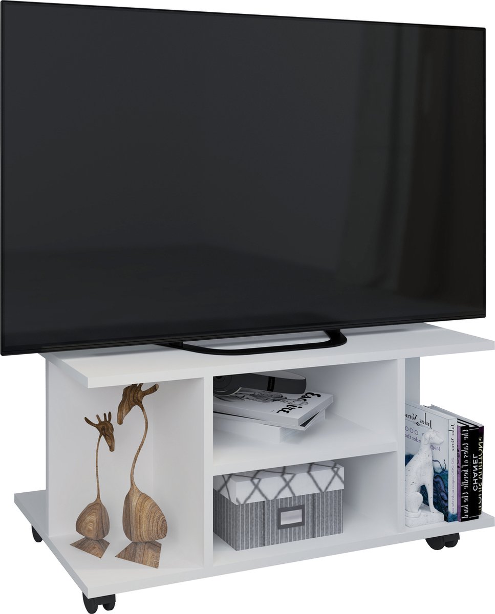 Vcm Houten TV lowboard wielen TV kast tafel console oprolbaar meubel TV tafel Findalo Wit