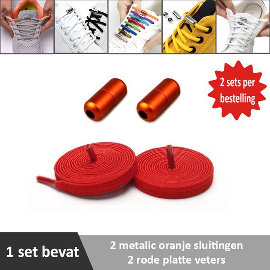 2 paar rode platte elastische veters met metalic oranje sluitingen. Je hoeft voortaan nooit meer je veters te strikken.