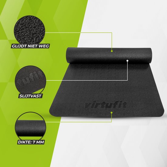 Zwart fitnessmatje, 7mm dik, met antislip en slijtvaste eigenschappen.