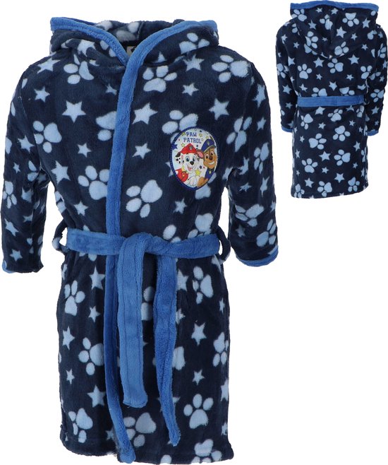Donkerblauwe badjas met Paw Patrol print van witte sterren en pootafdrukken. Met capuchon, ceintuur en Paw Patrol logo op de borst.