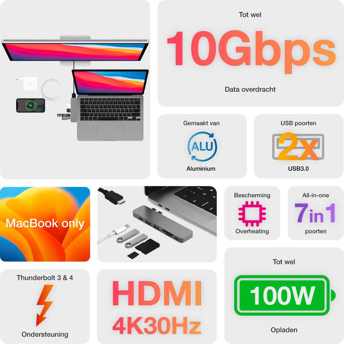 iMounts USB-C hub Macbook Air/Pro - HDMI - Thunderbolt 3 - Space Gray thumbnail 5