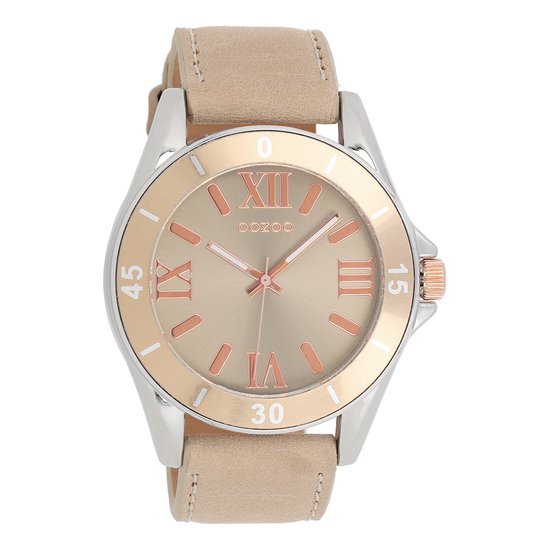 Zilver/rosé goudkleurige OOZOO horloge met zand leren band - C5736