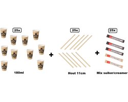 25x Beker karton A Hot Cup 180ml + 25x Roerstaafjes hout + 25x mix creamer/suikersticks - Koffie thee chocomel soep drank water beker karton