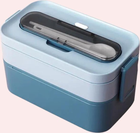 Boîte à bento bicolore bleue avec couvercle transparent et couverts. Clips de fermeture robustes sur les côtés.