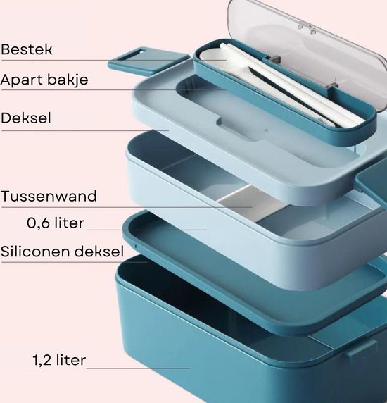 Vue éclatée d'une boîte à bento bleue : couverts, compartiment séparé, couvercle, cloison, couvercle en silicone. Volumes de 0,6 et 1,2 litre.