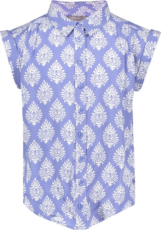 Meisjes blouse print - blauw/off wit