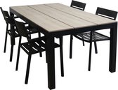 5-delige tuinset | 4 Delia stapelbare tuinstoelen (Black) | 180cm Cyprus tuintafel (Wood)