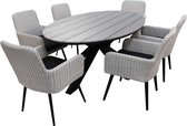 7-delige tuinset | 6 Pisa tuinstoelen (White) | 220cm ovale Cyprus tuintafel (Grey)