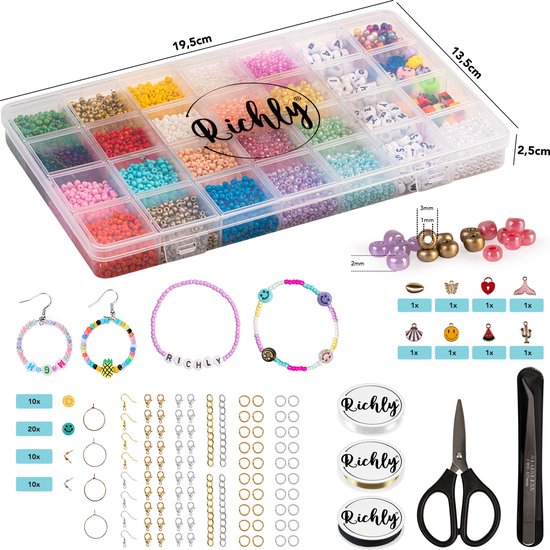 RICHLY® Kralen Set Creative Kit - gratis E-BOOK - Sieraden maken - Kralenketting meisjes & dames - Kralendoos - Armbandjes maken met kraaltjes - incl. Bedels, Parels, Smiley & Polymeer Kralen - Richly