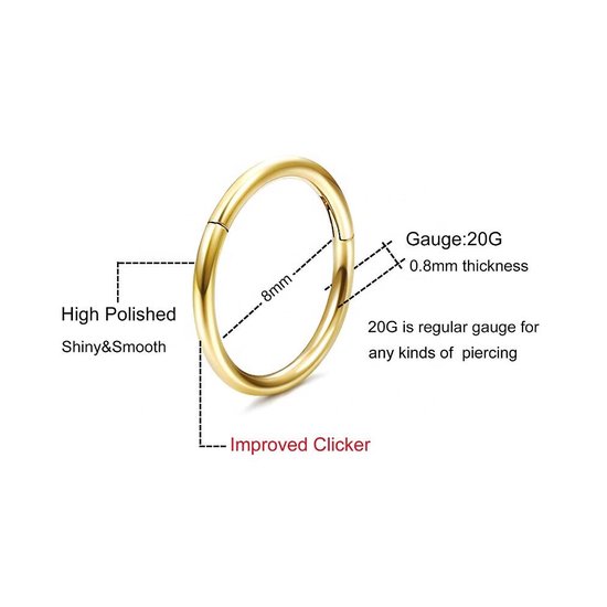 Titanium Piercing ring Goud - 8 mm- Dikte 1.2mm piercing helix - piercing oor - ring piercing- Anti allergie piercing - Ringetje geschikt voor Helix, Tragus, Septum, Lip, Neus & wenkbrauw piercing- - jewelegance