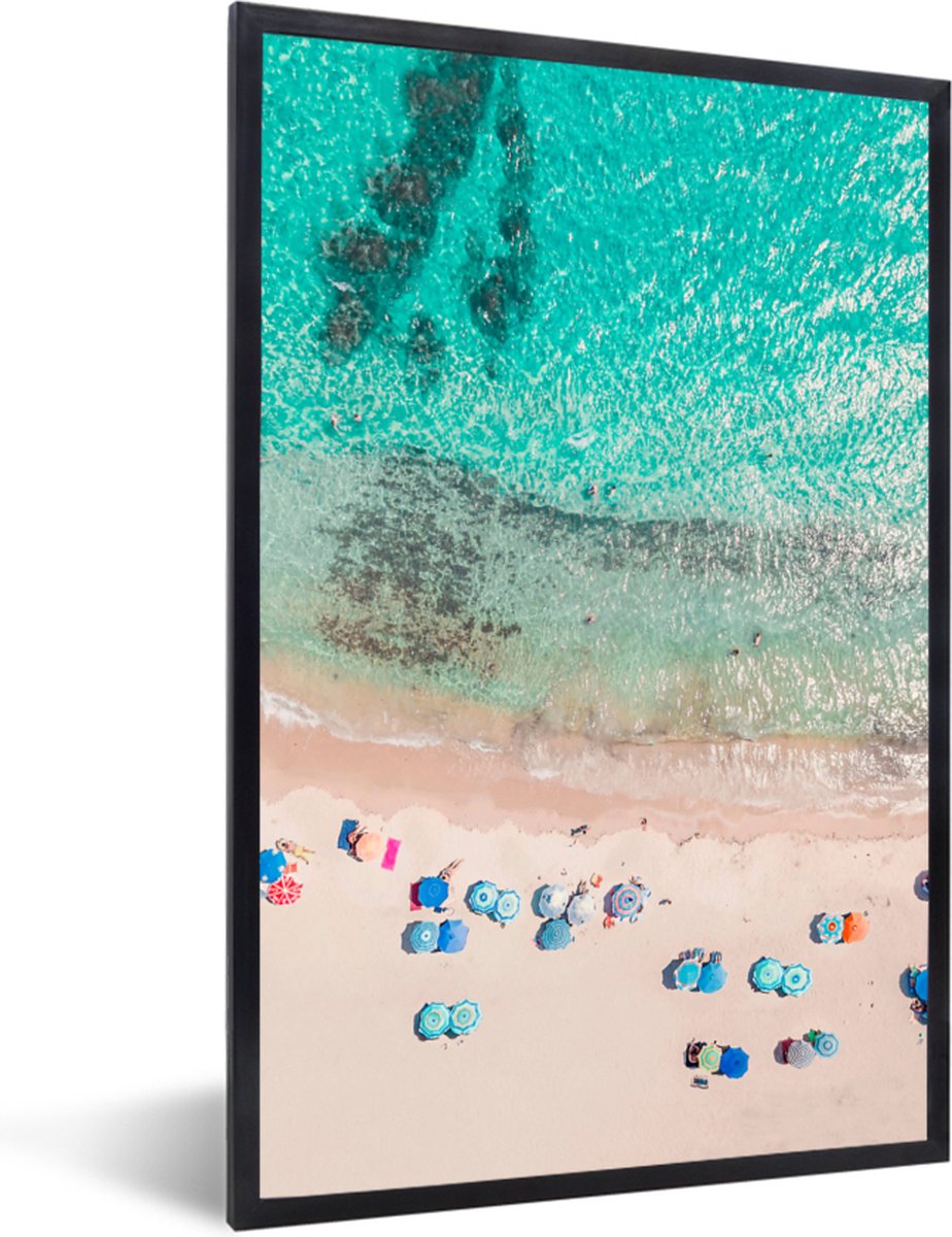 Fotolijst incl. Poster - Zee - Strand - Zomer - Parasols - Blauw - 40x60 cm - Posterlijst