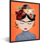 Fotolijst incl. Poster - Portret - Frida Kahlo - Oranje - Vrouw - Bloemen - 30x40 cm - Posterlijst