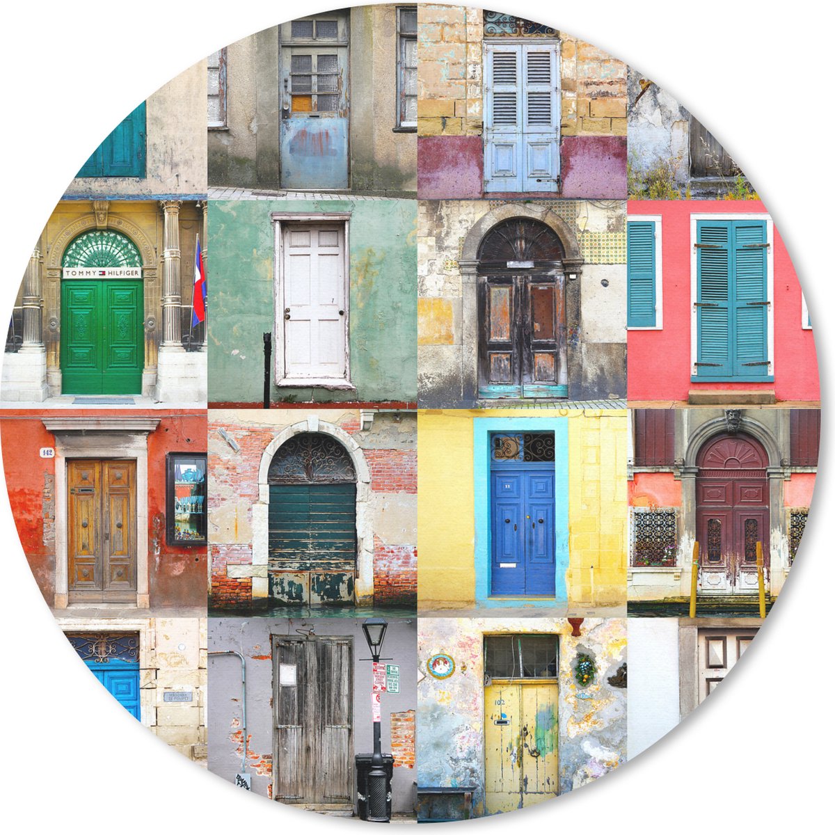 Muismat rond 20x20 cm - Mousepad Deuren - Regenboog - Architectuur - Collage - Ronde muismatten