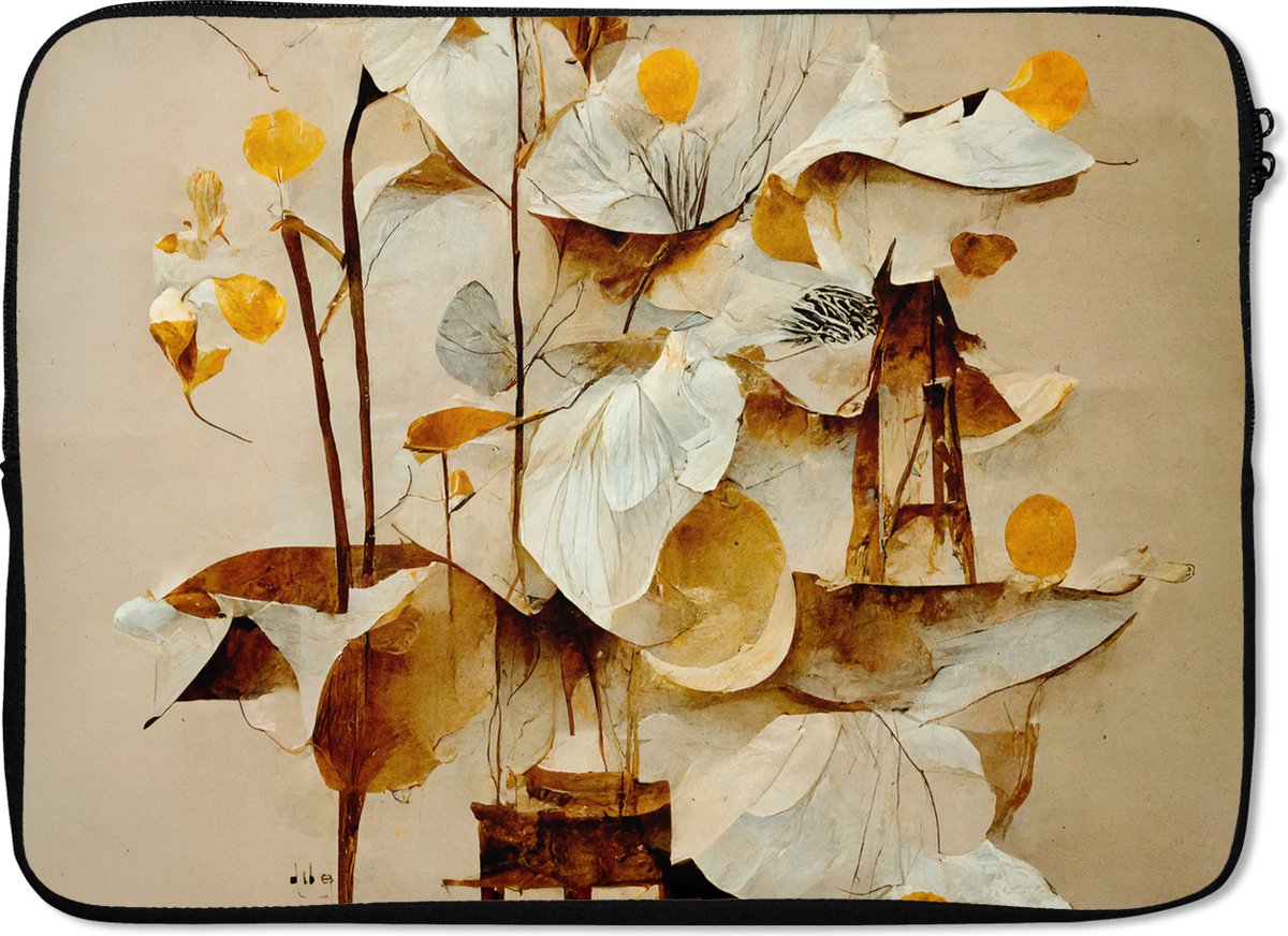 Laptophoes 14 inch - Bloemen - Wit - Planten - Vintage - Laptop sleeve - Binnenmaat 33x23 cm - Zwarte achterkant