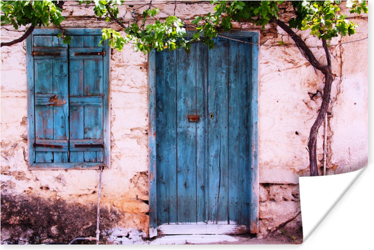 Vintage - Deur - Huis - Blauw - Boom