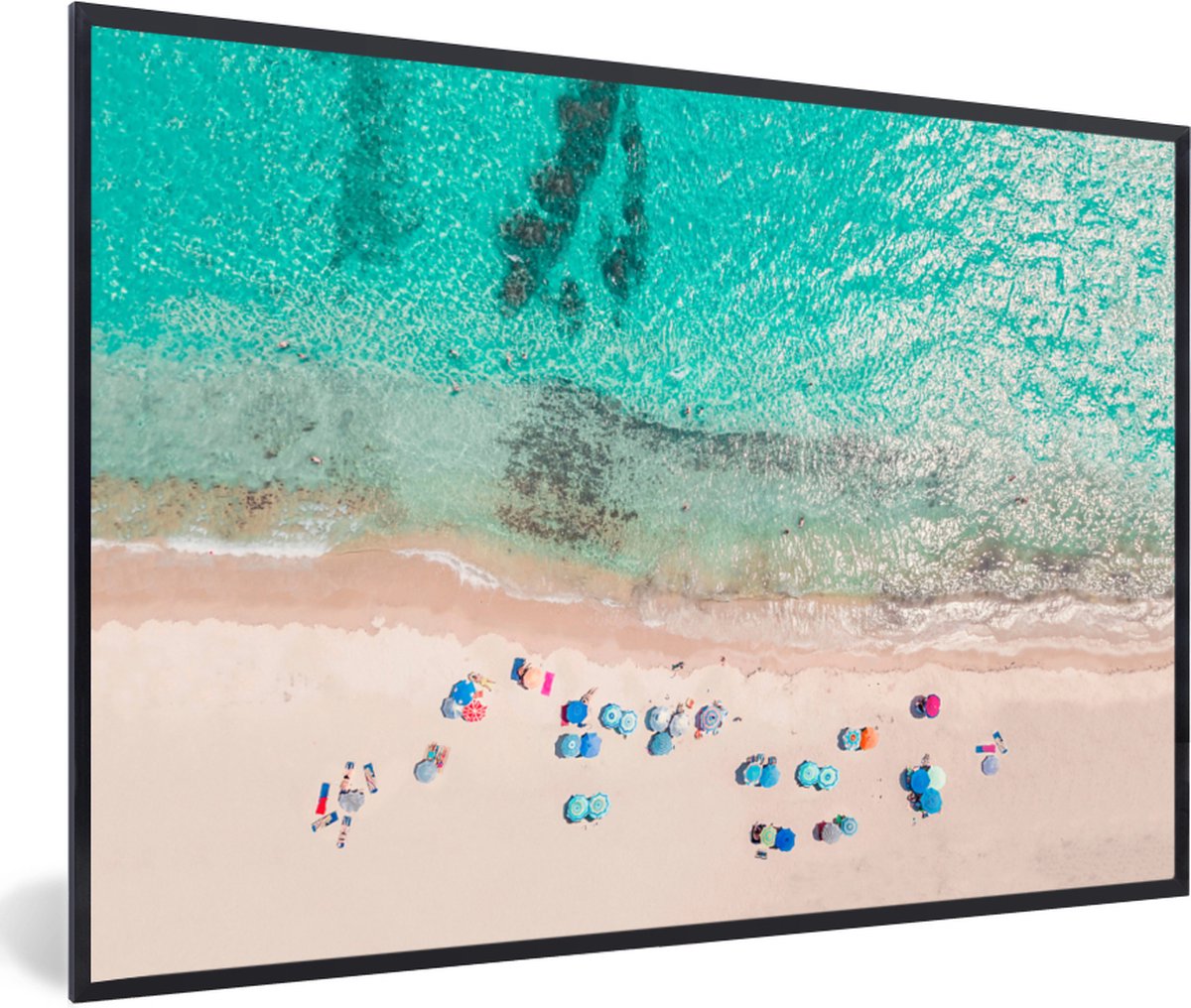 Fotolijst incl. Poster - Zee - Strand - Zomer - Parasols - Blauw - 30x20 cm - Posterlijst
