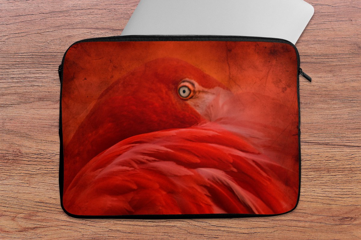 Laptophoes 14 inch - Tropisch - Vogel - Rood - Dieren - Laptop sleeve - Binnenmaat 33x23 cm - Zwarte achterkant