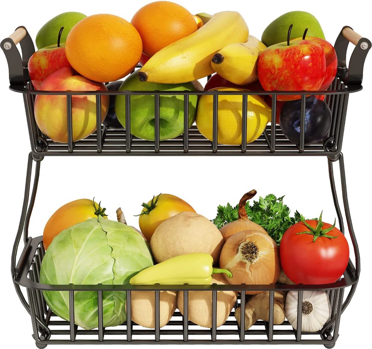 Posity Fruitschaal 2 Laags - Fruitmand - Fruit Etagere - Groentemand - Draadmand - Fruitrek - Hout & Metaal - Zwart