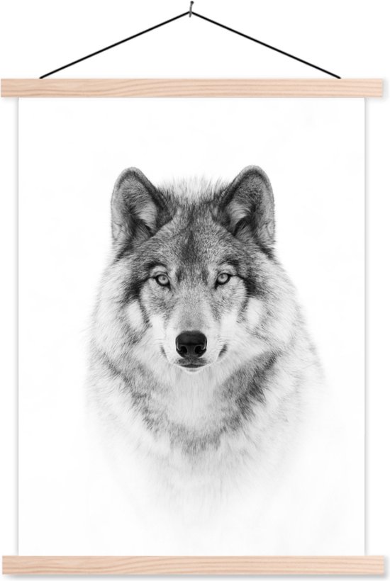 Posterhanger incl. Poster 120x160 cm - Schoolplaat - Wolf - Dieren - Portret - Wit - Textielposter - Blanke latten