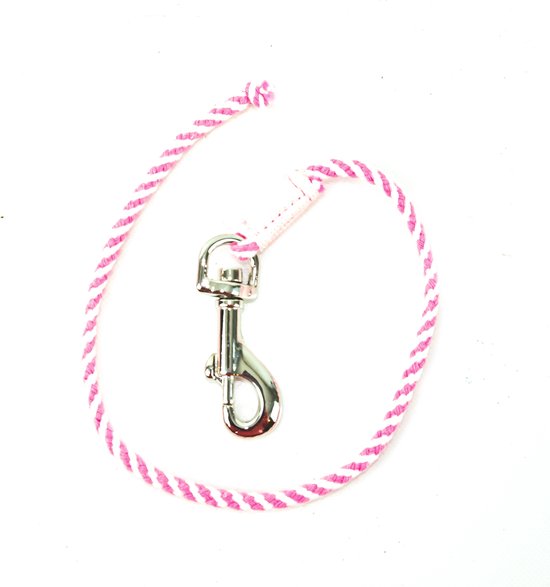 Roze en wit gevlochten koord met zilverkleurige karabijnhaak.