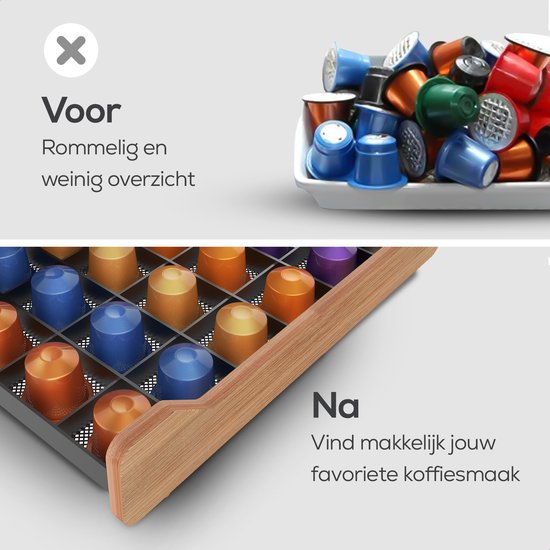 Een rommelige bak met koffiecups naast een georganiseerde lade met capsules in een capsulehouder.