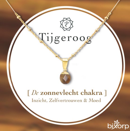 Bixorp Tijgeroog Chakra Ketting met 18k Verguld Goud - Spirituele Hanger - Roestvrij Staal - 36cm + 8cm verstelbaar