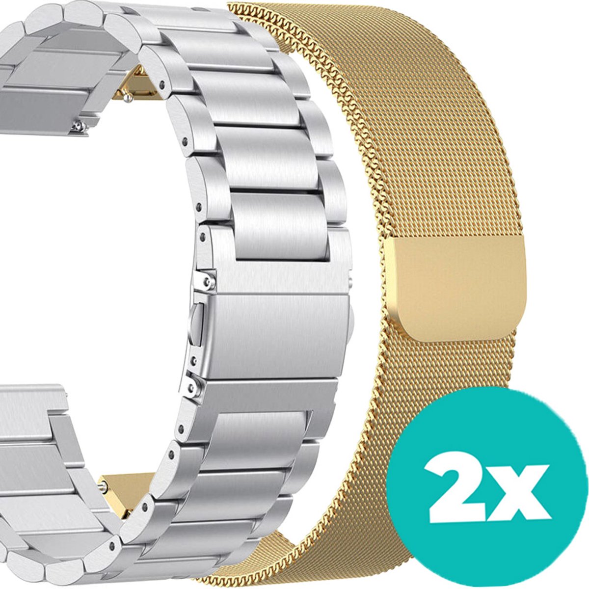 Smartwatch bandjes - 2 pack - Stalen band - Milanese band – Zilver – Goud - 18mm bandje – set van 2 – Geschikt voor Vivoactive 4s / Garmin Venu 2s / Garmin Vivomove 3s - Milanees bandje - Stalen bandje