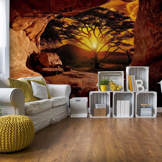 Un salon avec un canapé blanc et une tapisserie représentant un coucher de soleil sur la savane africaine.