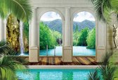 Peinture murale Arches de piscine tropicale | PORTE - 211cm x 90cm | Polaire 130g / m2