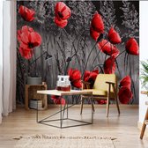 Fotobehang Red Poppies Black And White | VEL - 152.5cm x 104cm | 130gr/m2 Vlies