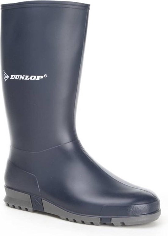 Donkerblauwe Dunlop regenlaars met Dunlop logo en grijze profielzool.