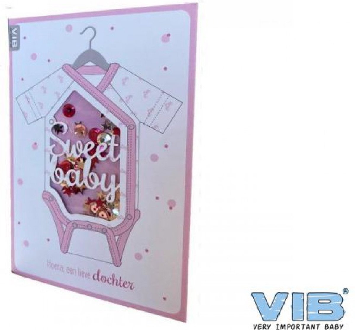 Wenskaart Schudbaar met pailleten Sweet Baby 'Hoera een lieve dochter' Roze