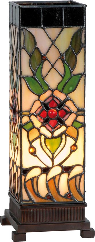HAES DECO - Tiffany Tafellamp 12x12x35 cm Beige Groen Glas Rechthoek Roos Tiffany Bureaulamp Tiffany Lampen Glas in Lood