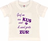 Shirt Aankondiging zwangerschap Geef me een KUS want ik word grote ZUS! | korte mouw | Wit/paars | maat 110/116 zwangerschap aankondiging bekendmaking