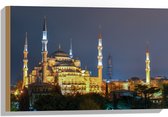 WallClassics - Hout - Sultan AhmetMoskee in de Nacht in Istanbul, Turkije - 60x40 cm - 9 mm dik - Foto op Hout (Met Ophangsysteem)