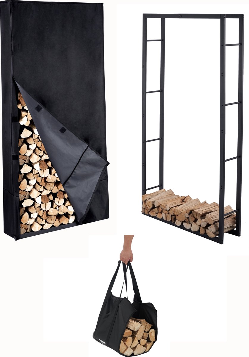 Lendo Online brandhoutrek 100x25x196cm haardhoutrek houtopslag met waterdichte beschermhoes zwart staal oxford