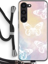 Case Company® - Hoesje met koord geschikt voor Samsung Galaxy S23 hoesje met Koord - White butterfly - Telefoonhoesje met Zwart Koord - Bescherming aan alle Kanten en Over de Schermrand