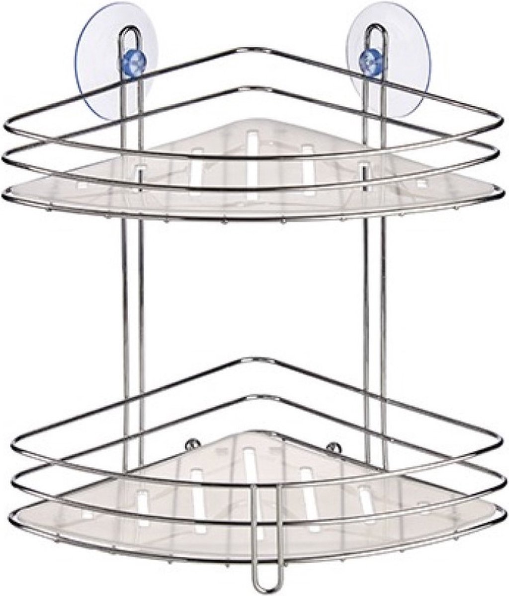 Chroom doucherek/badkamerrek hoek - 2-laags - met zuignappen - 20 x 27 cm - Doucherekje zonder boren