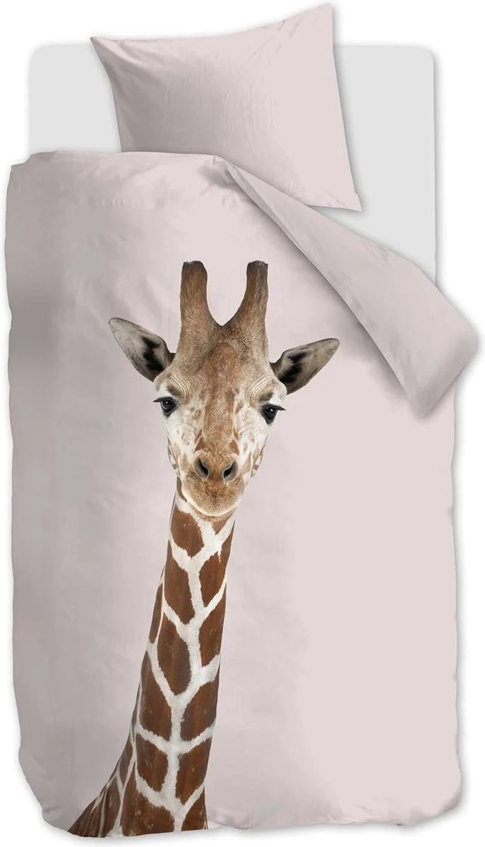 Unieke katoen dekbedovertrek Giraffe roze - eenpersoons (140x200/220) - fijn geweven en hoogwaardig - prachtige uitstraling